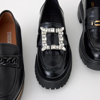 STACCATO スタッカート ビジュー付きブラックローファー厚底 中古・古着通販】STACCATO (スタッカート) プラットホーム